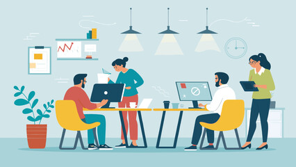 Diverse business team collaborating in a modern office, working on computers and discussing strategy. Ideal for corporate productivity, innovation, and teamwork concepts.