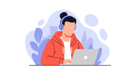 Modern illustration of a casual person wearing headphones and using a laptop. Perfect for themes of remote work, online education, or a digital lifestyle.