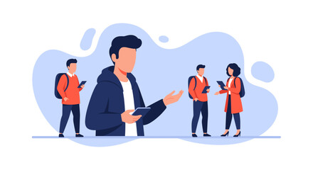 Group of diverse people engaging with mobile devices, discussing digital information or learning online. Ideal for technology, business, or education concepts.