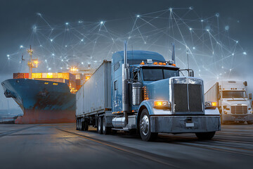 Blue semi truck with container trailer port road near cargo ship and another truck, digital network connection overlay shows logistics