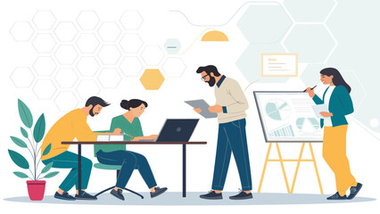 Business team collaborating on a project in a modern office, analyzing data and discussing strategy. Ideal for corporate, finance, and technology themes.