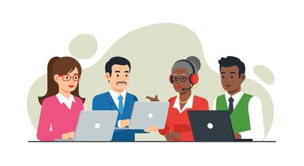 A diverse team of professionals collaboratively working on laptops, one wearing a headset, depicting customer service, online support, or business operations.