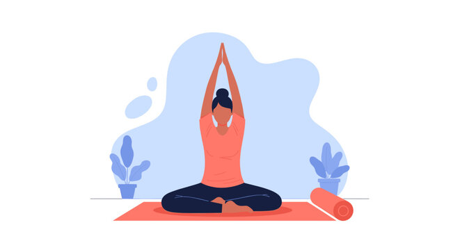 Woman meditating in a yoga pose on a mat, promoting wellness, mindfulness, and healthy lifestyle. Perfect for health, fitness, or relaxation concepts. - Powered by Adobe