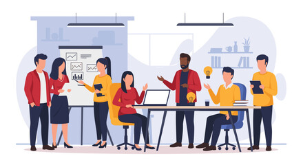 Diverse business team collaborating in an office, brainstorming ideas, analyzing data, and presenting new concepts. Professional work environment.