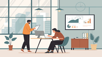 Two colleagues collaborate in a modern office with a city view, discussing documents and analyzing data on a large screen, representing business teamwork and strategy.