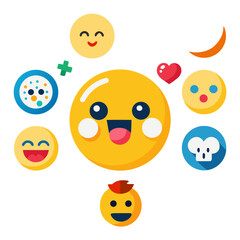 Collection of happy and surprised emojis with a central laughing face