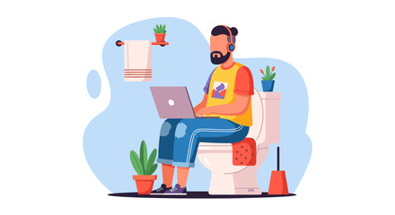 Bearded man in headphones uses laptop on the toilet, representing remote work, productivity, home office challenges, and modern multitasking.