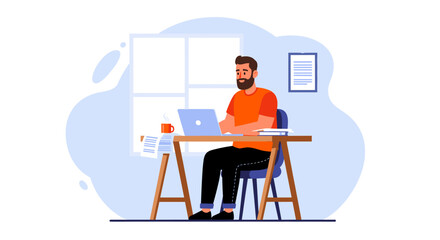 A bearded man works on a laptop at a home office desk, representing remote work, productivity, and modern business. Ideal for lifestyle and technology concepts.