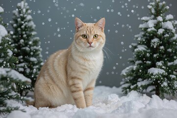 Short-haired striped cat close-up with snowy backdrop, wildlife, animal, close-up, tiger-like, lovely, companion, feline, coat, house pet