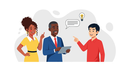 Diverse business team collaborating, sharing ideas, and brainstorming solutions in a modern professional setting, symbolizing innovation and effective communication.