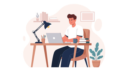 Young man working productively on a laptop at a comfortable home office desk, symbolizing remote work, online learning, and digital lifestyle.