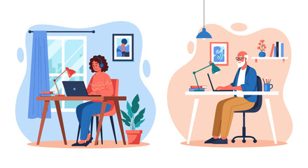 Diverse individuals working remotely from home offices, utilizing laptops for online tasks. Represents modern work, flexibility, and productivity.