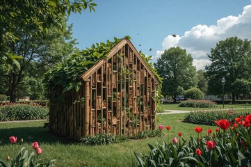 Urban park insect refuge crafted from organic materials