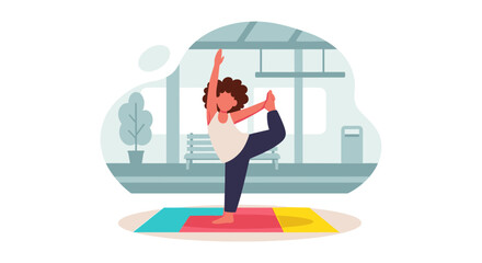 A person practices yoga, balancing in Natarajasana pose on a colorful mat indoors. Depicts health, wellness, and mindful exercise for a healthy lifestyle.