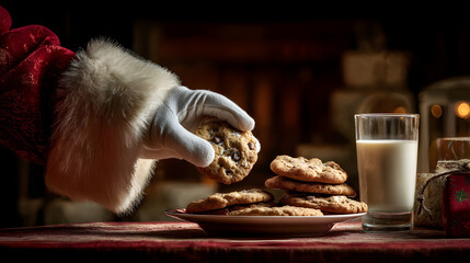 Santa Claus Hand Taking Cookie and Milk on Christmas Eve