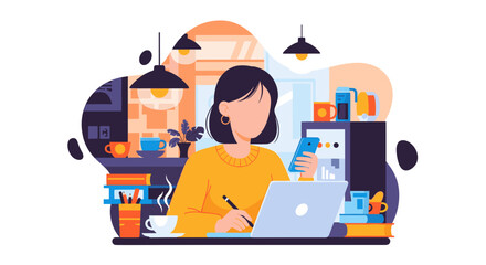 Woman working remotely on laptop and smartphone from a cozy home office setup, emphasizing productivity, online communication, and modern work-life balance.