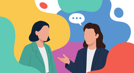 Two professional women engaging in a discussion or meeting on a vibrant, abstract background, representing collaboration and communication.