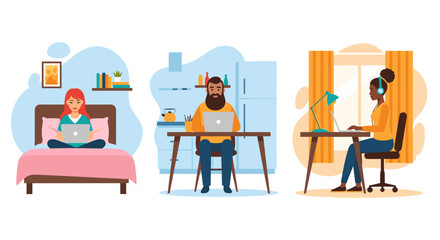 Diverse individuals work remotely from their homes, showcasing modern flexible employment and the convenience of telecommuting in various comfortable settings.