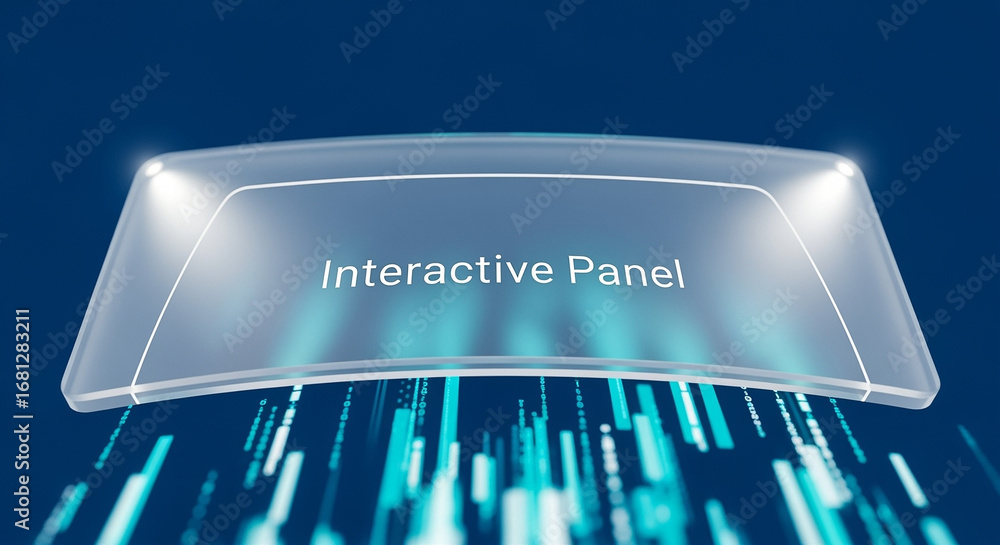 Poster interactive panel with glowing digital data streams on blue background