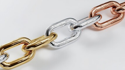 Fototapeta premium A simple background, with interlocking elements of gold, silver, and copper chains, symbolizes connection or collaboration in business, technology, or social networks.