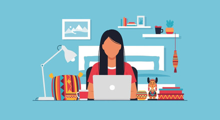 Woman working on laptop at a colorful, culturally inspired home office desk. Ideal for remote work, education, or freelance lifestyle concepts.