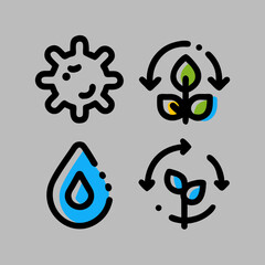 Icons representing biology water and recycling