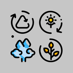 Eco friendly icons representing recycling sun clouds and plant growth