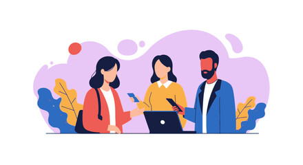 Diverse professionals collaborate with laptops and smartphones, showcasing teamwork, communication, and digital connectivity in a modern business or lifestyle setting.