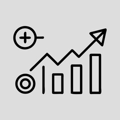 Hand drawn graph showing upward trend and growth with zoom in icon