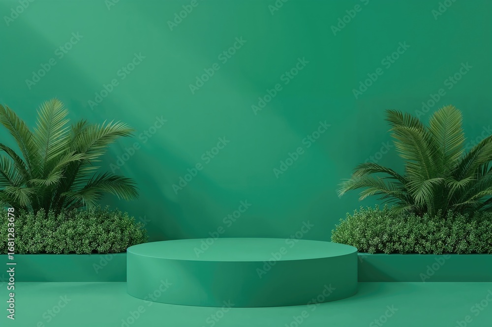 Aufkleber geometric cylinder platforms in an abstract green setting showcasing cosmetic products. empty space 