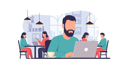 Diverse individuals focus on their laptops in a bustling modern cafe, ideal for remote work, business meetings, or freelance productivity.
