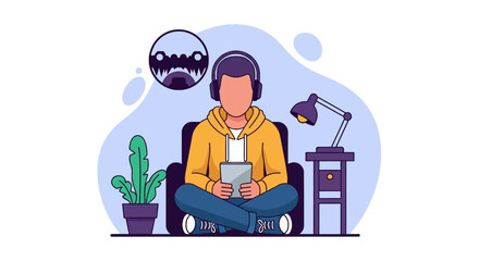 Young person in headphones relaxing at home, using a tablet for entertainment or learning. Illustrates modern digital lifestyle and leisure activities.