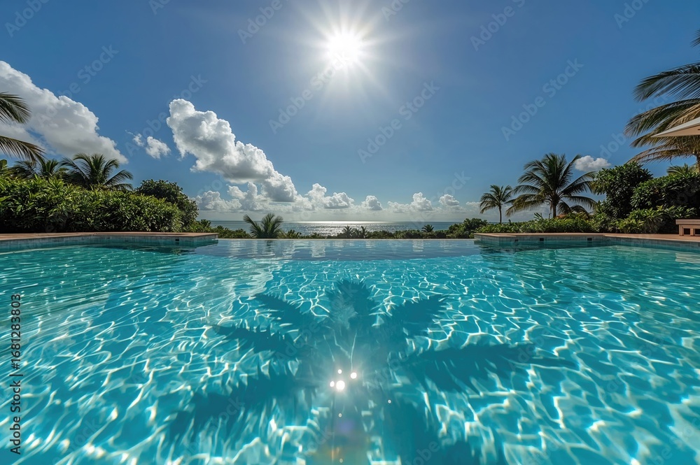 Poster top view of an elegant pool with palm tree shadows in clear water. tropical summer scene.