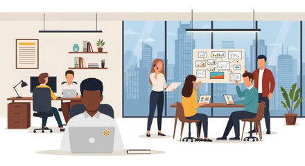 Diverse business team collaborating and working productively in a modern office with city views, illustrating teamwork and professional success.