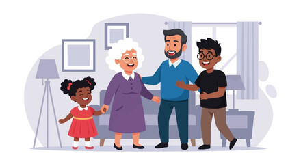 Joyful multi-generational family, including a grandmother, father, and two children, laughing and bonding happily at home. Represents love, support, and diverse family relationships.