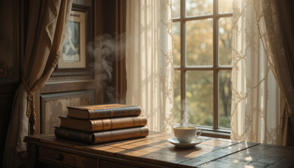 Fototapeta premium Cozy reading nook with antique leather-bound books and a steaming cup on a sun-drenched wooden table by the window