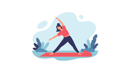 Woman practices yoga on a mat outdoors, finding balance and peace through exercise. Ideal for health, wellness, and mindful lifestyle content.