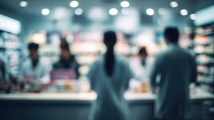 Fototapeta premium Blurred view of pharmacists assisting customers in a modern pharmacy with various products visible in the background.
