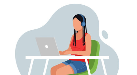 Focused woman in headphones using a laptop at a desk, ideal for concepts of remote work, online education, or digital lifestyle.