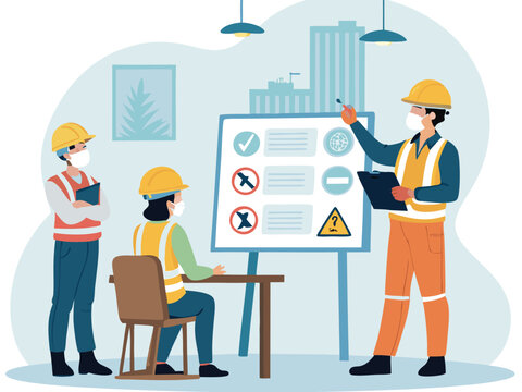 &ldquo;Construction Workers Safety Training Illustration &ndash; Workplace Safety, Engineering Team Meeting, Occupational Health Checklist in Flat Vector Style&rdquo;