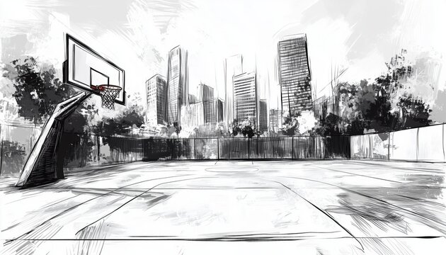Urban Basketball Landscape Sketch In Monochrome Street Style Featuring A Cityscape In Black And White With A Graphic Design Element.