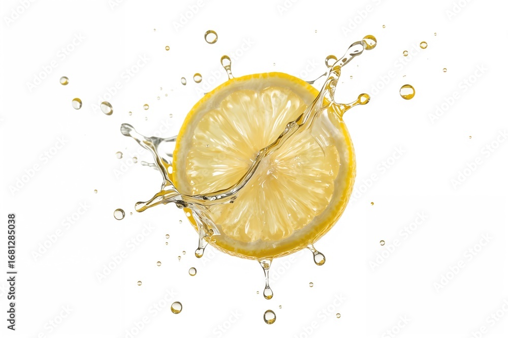 Poster slice of lemon with water splash on a plain white backdrop with clipping path