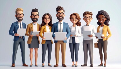 Obraz premium Group of entrepreneurs together holding laptops and documents, funny cartoon characte