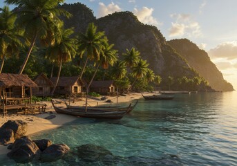 Naklejka premium Idyllic tropical island village with traditional boats on a tranquil beach at sunset