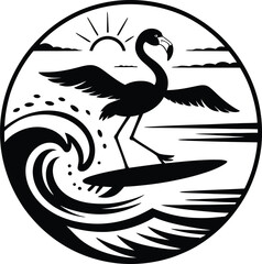 Fototapeta premium Flamingo surfing ocean wave circle design silhouette