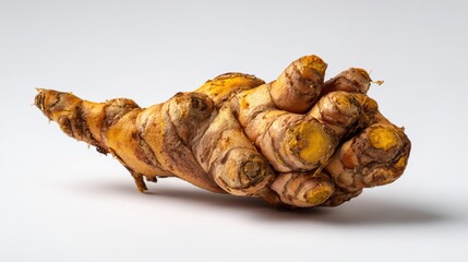 Fresh ginger root on a white background, showcasing its unique shape and vibrant color, perfect for culinary uses.