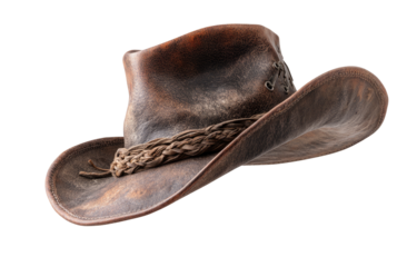 Worn leather cowboy hat angled