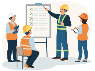 “Construction Workers Safety Training Illustration – Workplace Safety, Engineering Team Meeting, Occupational Health Checklist in Flat Vector Style”