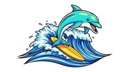 Dolphin surfing on the waves: The illustration depicts a playful dolphin riding a surfboard, leaping and dancing over a crashing wave.