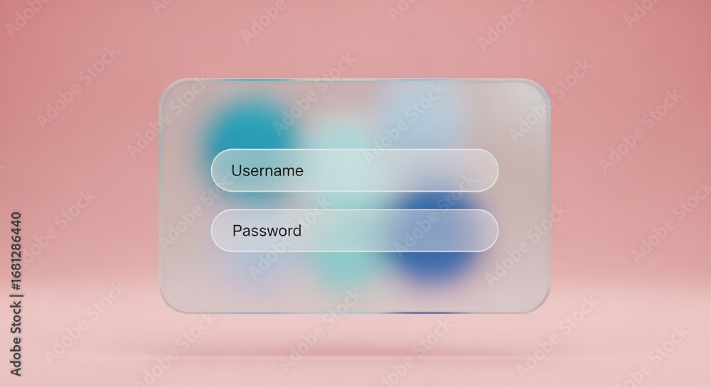 Poster frosted glass login form with username and password fields on pink background